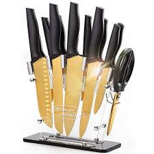 They are all stored in an attractive transparent knife stand. Golden Titanium Knife Set With Acrylic Stand Kitchen Knives Set With Block Scissor Santoku Knife 6 Golden Steak Knives Cutlery Gold Knife Set 14piece Set Black Handle Marco Almond Walmart Com Walmart Com