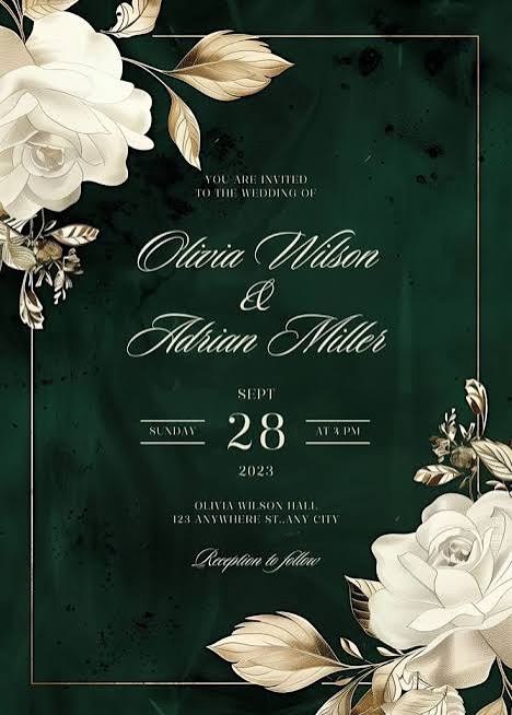 emerald green wedding invitation with gold flowers illustration