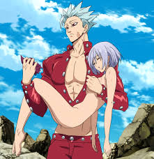 ban (nanatsu no taizai), jericho (nanatsu no taizai), nanatsu no taizai,  anime screenshot, highres, stitched, third-party edit, 1boy, 1girl, ass,  barefoot, blue hair, breasts, carrying, closed eyes, cloud, grabbing  anothers breast, grey