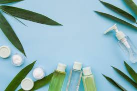 The trend toward &aposgreen&apos beauty is fast and furious. Free Photo Natural Beauty Product Decorated With Leaves On Blue Background