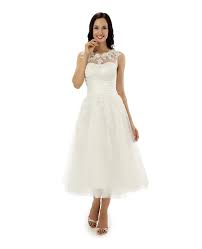 It is casual, comfortable and chic which is suitable for all destination and all brides. A Line Tea Length Wedding Dress For Older Brides Lace Neckline Com Cy0224 145 Gemgrace Com