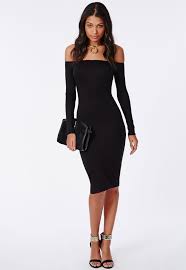 Long Sleeve Jersey Bardot Bodycon Midi Dress Black Dresses Bodycon Dresses Missguided Robe Noire Mi Longue Robe Noire Moulante Robe Noire