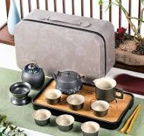 Portable Ceramic Tea Set - Chinese Gongfu Gaiwan With 3 Cups & Travel Bag  (Cabbage Design)