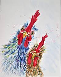 Funky Chickens Digital Download Rooster Artwork Watercolour Of Two Chicken Or Roosters Chook Cockerel Ch Farm Animal Painting Rooster Painting Rooster Art