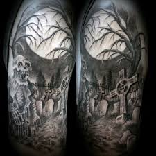 40 Graveyard Tattoo Designs For Men Earthy Ties Left Behind Graveyard Tattoo Tattoo Designs Men Halloween Tattoos