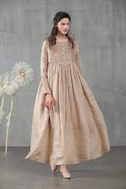 Linen Dress Maxi Dress In Champagne Winter Dress Pleated Dress Longsleeved Dress Wedding Dress French Dress Linennaive Linen Maxi Dress Winter Dresses Pleated Dress