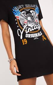 Vintage Slogan Print Black T Shirt Dress Shirt Dress T Shirt Dress Black Tshirt
