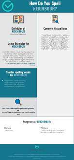 Check out ginger's spelling book and learn how to spell neighbor correctly, its definition and how to use it in a sentence! Correct Spelling For Neighbour Infographic Spellchecker Net