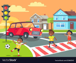 Children Playing And Crossing Road Royalty Free Vector Image Kids Safety Poster Art Classroom Kids Playing