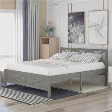 Platform bed slats vs solid: Full Size Wooden Platform Bed Frame With High Legs Gray