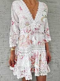 Kadin S Shift Haljina Kisa Elbise 3 4 Kol Puskul Dantel Soguk Omuz Yaz Derin V Sicak Gunluk Boho Tatil Kumsal Tatil Elbiseleri 2020 Beyaz Havuz Mor Sari Dogal Mini Dress Plus