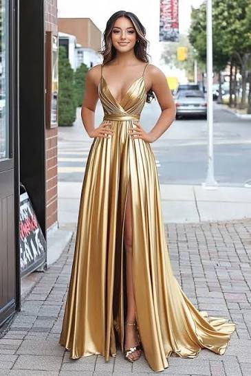 maxi dress with gold Zapaka Women Metallic Satin Prom Slit A Line Pleated V Neck Long