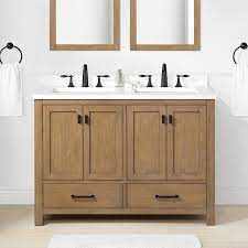 For large bathrooms, typical vanities range from 48 inches to 60 inches wide. Allen Roth Ronald 48 In Almond Toffee Undermount Double Sink Bathroom Vanity With White Engineered Stone Top In The Bathroom Vanities With Tops Department At Lowes Com