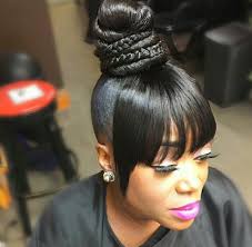 Creative design：one part is bangs and the other is hair bun.this pineapple ponytail with bangs will bring you a novel experience. Pin By Veronica Griffin On Vanity Report Black Hair Updo Hairstyles Black Hair Bun Weave Ponytail Hairstyles