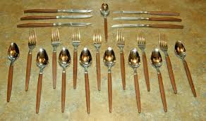 Vintage Ecko Eterna Wooden Handle Silverware Stainless Flatware 22 Pcs Canoe Mcm Ecko Vintage House Wooden Handles Stainless Flatware