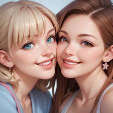 2人のアニメの女の子が店内で写真を撮っている