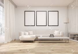 Large windows offer numerous benefits in living rooms. Front View Of Living Room Interior With Wooden Floor Concrete Stock Photo Picture And Royalty Free Image Image 59650688