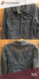 Jean Jacket Distressed Medium Blue Dress Barn Stylish Long Sleeve Distressed Embellished Jean Jacket Embellished Jeans Embellished Denim Embroidered Clothes