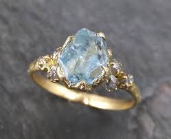 Raw Uncut Aquamarine Diamond Gold Engagement Ring Wedding 18k Ring Custom One Of A Kind Gemstone Bespoke Three Stone Ring Byangeline 0132 Rough Gemstone Ring Raw Gemstone Ring Gold Engagement Rings
