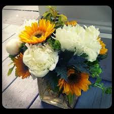 Sunflowers And Fluffy White Peonies Roberts Flowers Of Hanover Hanover Nh Wedding Flowers Rustic Wedding Decor White Peonies