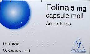 La confezione di teofarma folina 5 mg comprende 60 capsule di color rosso vivo divise in fogli di plastica da 20 capsule ciascuno. Teofarma Folina 5 Mg Capsule Molli Acido Folico