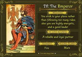 The emperor, as the counterpart to the empress, stands for all things fatherly. The Emperor Tarot Meaning In Upright Reversed Love Other Readings The Astrology Web