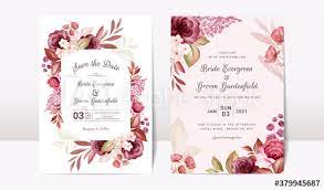 Floral Wedding Invitation Template Set With Elegant Burgundy And Brown Floral Wedding Invitations Wedding Invitation Templates Elegant Wedding Invitation Card