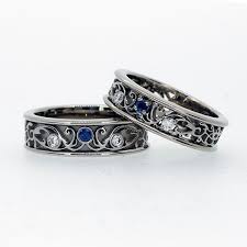 Filigree Wedding Band Set With Blue Sapphires And Diamonds Matching Wedding Ring Unique Men Unusual Wedding Rings Black Wedding Rings Matching Wedding Rings
