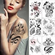 Snake art and a real snake Sketches Tattoo Designs Snake Black Tree Leaves Tattoo Sticker Flower 6pcs Pack Temporary Tattoos Waterproof For Women Girls Set Temporary Tattoos Aliexpress