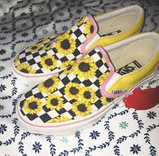 Black And White Checkered Vans With Sunflowers Sunflower Vans Sunflower Vans Shoes Sunflower Vans Vans Shoes