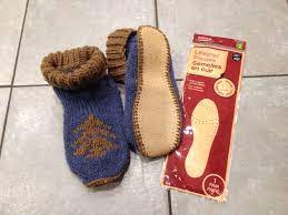 My favorite thrift store had a half price sale on today. 2 Leather Insoles Make Great Outer Soles For Knit Slippers Use Double Yarn For Blanket Stitch Through The Pre P Knitted Slippers Knit Shoes Handmade Slippers