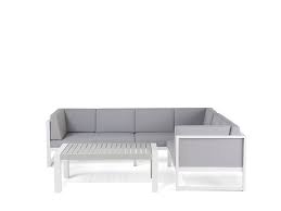 Salon composé de 1 canapé deux places 135 x 72 x 76 cm avec coussins d'assise, 2 fauteuils 65 x 67 x 76 cm avec coussins d'assise et 1 table basse 80 x 60 x 42 cm avec rangement. Salon De Jardin En Aluminium Blanc Et Gris Castella Beliani Fr