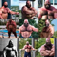 KREA - big burly hairy muscle bear daddy strongman looking at the camera  from his balcony, photography