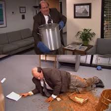 When Kevin Stayed Up All Night To Make His Famous Chili But He Dropped It On The Ground The Office Characters Kevin The Office The Office Show