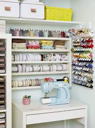 Full of craft rooms ideas & craft storage ideas to organize your craft supplies. Sewing Station In Craft Room Sewing Room Storage Solutions Sewing Room Design Sewing Room Organization