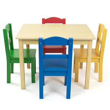 Dining room sets typically include a dining table and a matching set of chairs. Humble Crew Primary Kids Wood Table And 4 Chairs Set Natural Wood Primary Walmart Com Walmart Com