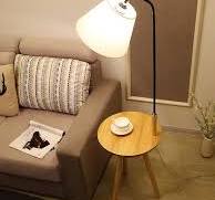 LED Wood Tripod Floor Light Lighting Modern Living Bedroom Double  Multi-Function Usage Lamp Fabric Shade Standing Floor Lamp with Table Shelf
