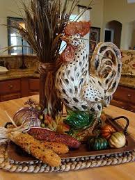 Mr Rooster Sits On A Bronze Tray From Target Flanked By Wheat Guords Corn Pumpkins And Leaves Rooster Kitchen Decor Rooster Decor Fall Deco