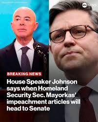 BREAKING: House Speaker Mike Johnson has announced that the impeachment  articles for Department of Homeland Security Sec. Alejandro Mayorkas will  be sent over to the Senate