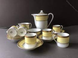 Great stylized design with floral accents in blues, yellows. Antiques Atlas Art Deco Coffee Set Pirkenhammer Czechoslovakia