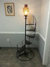 Vintage 78 Tall Wrought Iron Spiral Staircase Plant Stand With Industrial Lamp Metal Shelves Shelving Accessories Wrought Iron Furniture