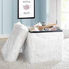 Ottoman in fur with walnut base in leather. Faux Fur Collapsible Storage Ottoman Overstock 19790204 White