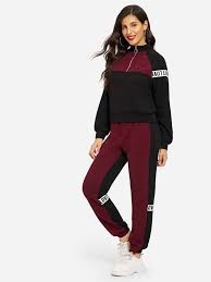 طقم سروال رياضي مع سويت شيرت بألوان متجانسة وبشريط عبارة شي إن Color Block Sweatshirt Sweatshirts Two Piece Jumpsuit