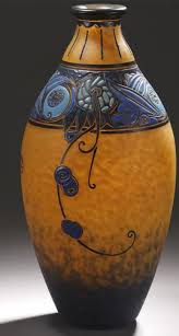 Andre Delatte 1887 1953 Nancy Vase Ovoide A Col Bague Ouvert Epreuve En Verre Marmoreen Jaune Orange Et Bleu Decor A Glass Art Art Deco Glass Art Nouveau