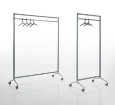 Create a makeshift coat closet or use this mobile clothing storage for a retail business or event. Coat Rack On Wheels With Varnished Steel Frame Idfdesign