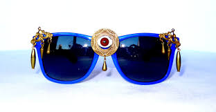 Blue And Gold Evil Eye Sunglasses Third Eye Embellished Etsy Festival Sunglasses Eye Sunglasses Blue Sunglasses