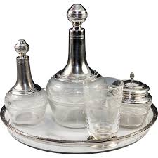 Still Life With Glass Of Absinthe And A Carafe Antique French Sterling Silver Crystal Absinthe Or Bedside Service 2 Decanters Sugar Bowl Tumbler Tray French Antiques Engraved Crystal Antique Glass