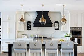 Black And Brass Glass Pendant Light Contemporary White Cabinet Golden Glass Pendant Lights Marble Backsplash Marble Counter Top Dark Hood G Kitchen Interior Interior Design Kitchen Kitchen Trends