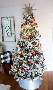 Flocked Buffalo Check Christmas Tree Ribbon On Christmas Tree Christmas Tree Inspiration Black Christmas Trees