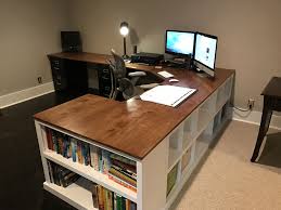 I may look into stools instead of chairs, so we can potentially fit a couple more people at the table as well: Cubby Bookshelf Corner Desk Combo Diy Projects Office Desk Designs Diy Office Desk Home Office Furniture